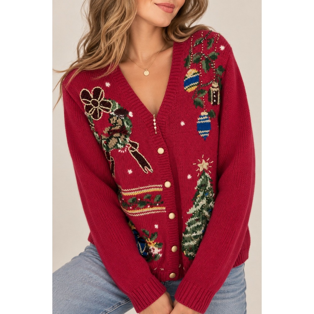 Petite Sophisticate Vintage Christmas Cardigan Red Beaded Embroidered Sweater S